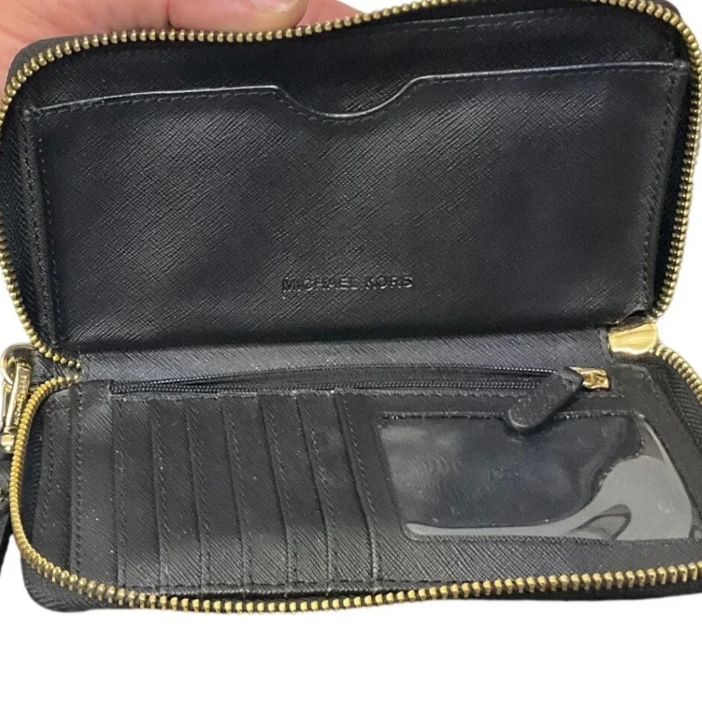 Michael Kors Black Saffiano Leather Studded Heart Zip Around Wristlet Wallet